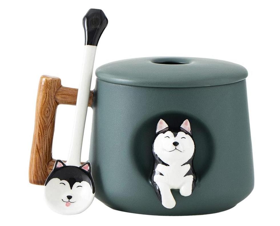 Ceramic Coffee Mug with Lid and Matching Spoon,Novelty 3D Husky Pattern Mug for Tea Milk Chocolate Juice,Cute Cup for Dog Lovers