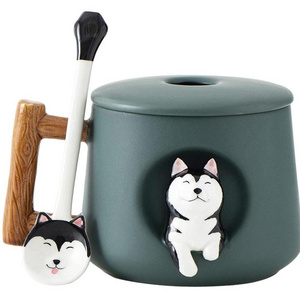 Ceramic Coffee Mug with Lid and Matching Spoon,Novelty 3D Husky Pattern Mug for Tea Milk Chocolate Juice,Cute Cup for Dog Lovers