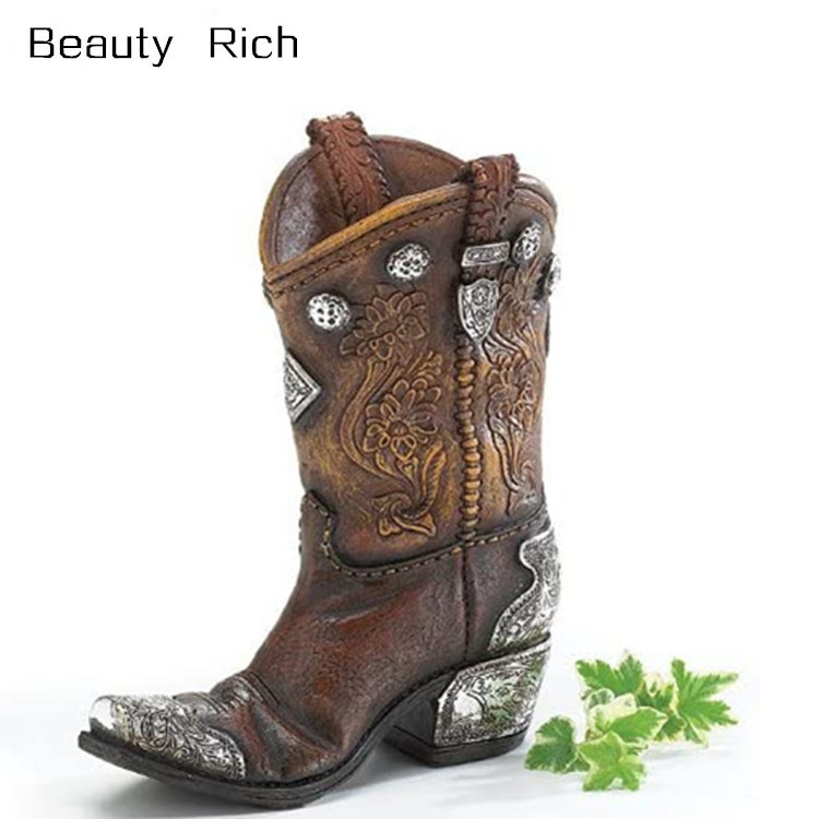 Western Theme Garden Decor Cowboy Boot Planter Outdoor Boots And Spurs Western Cowboy Boot Vase For Western Home Decor, Brown