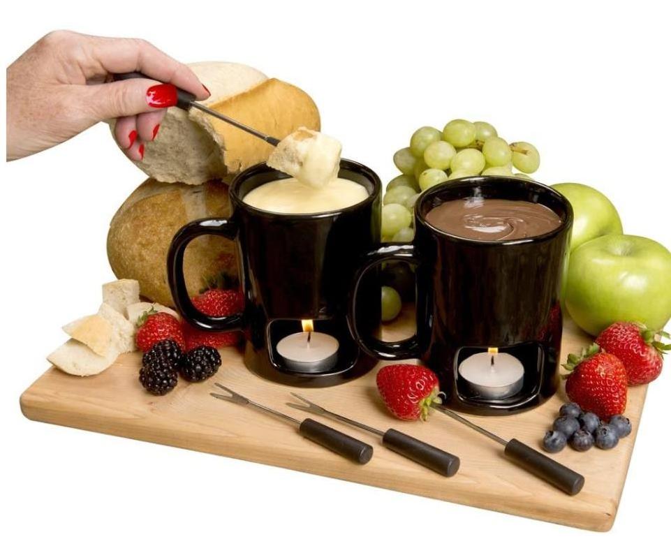 Ceramic Chocolate  Personal Fondue Mugs Chocolate/Cheese-2 Mugs-Candles/Forks-14 Piece Set