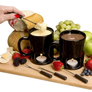 Ceramic Chocolate  Personal Fondue Mugs Chocolate/Cheese-2 Mugs-Candles/Forks-14 Piece Set