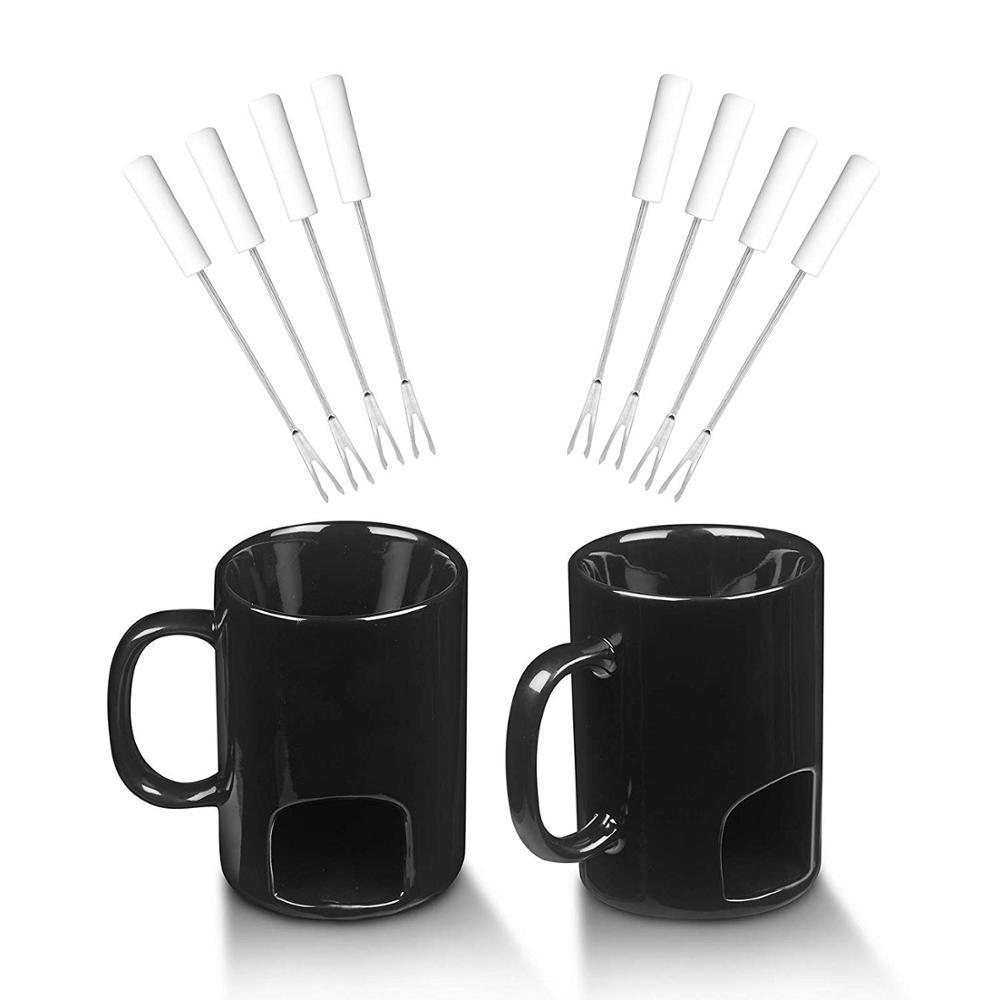 Fondue Mug Set - Personal Mini Fondue Pots - Chocolate and Cheese Fondue Maker Kit - 2 Ceramic Fondu Mugs and 8 Forks Accessorie