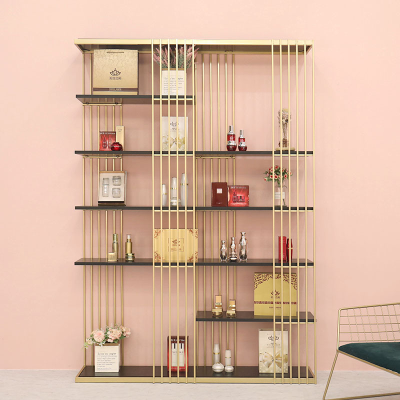 Multi-layer partition rack cosmetic display stand golden iron container floor beauty salon display stand  ZY-NS005