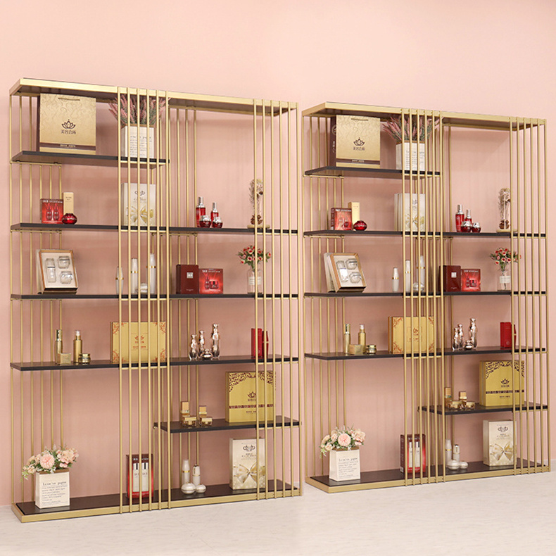 Multi-layer partition rack cosmetic display stand golden iron container floor beauty salon display stand  ZY-NS005