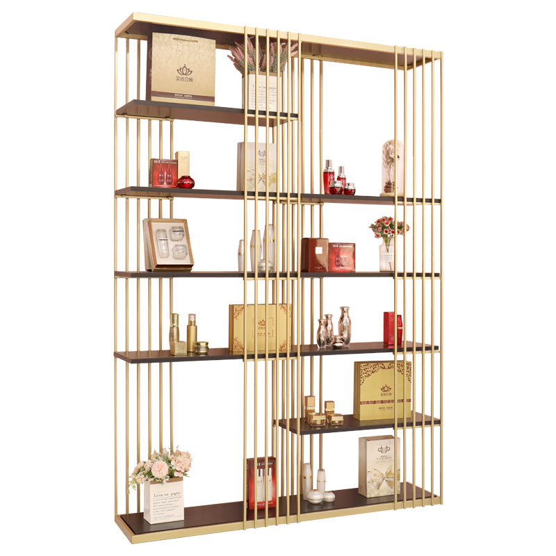 Multi-layer partition rack cosmetic display stand golden iron container floor beauty salon display stand  ZY-NS005