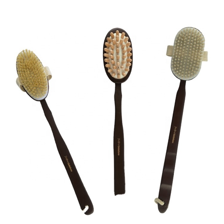 Custom Logo Wooden Massage Balls Natural Boar Bristles Back Exfoliating Scrubber Long Handle Body Bath Shower Brush