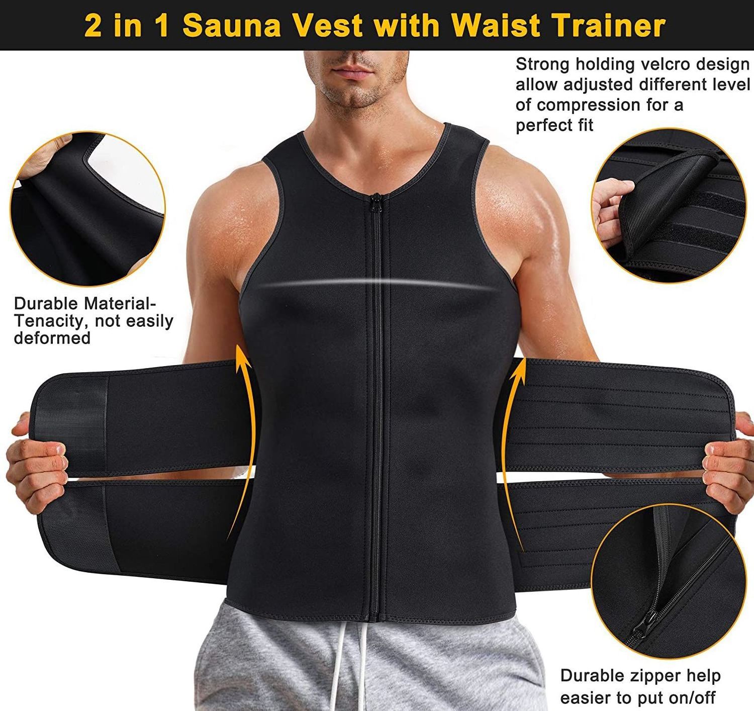 Factory Wholesale Men Sauna Sweat Vest Waist Trainer Double belt Zipper Neoprene Sauna Suit Tank Top BestSuppliers