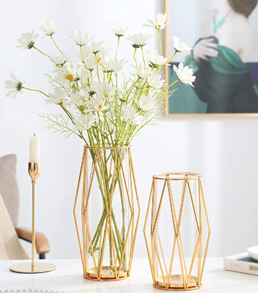 Gold vase decoration living room glass vase with metal stand, modern large vase as wedding decoration