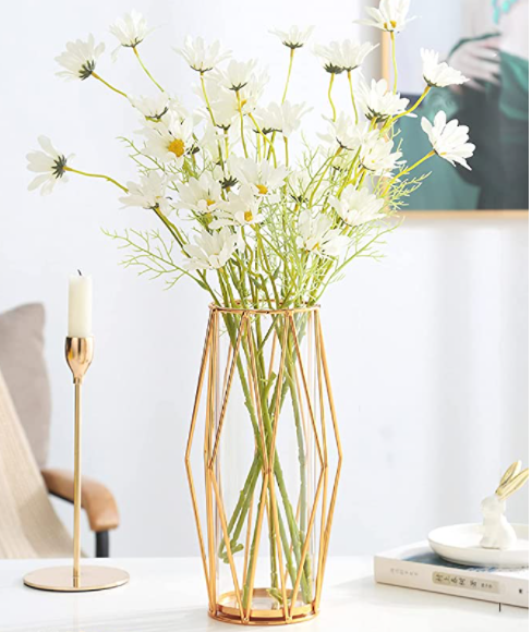 Gold vase decoration living room glass vase with metal stand, modern large vase as wedding decoration