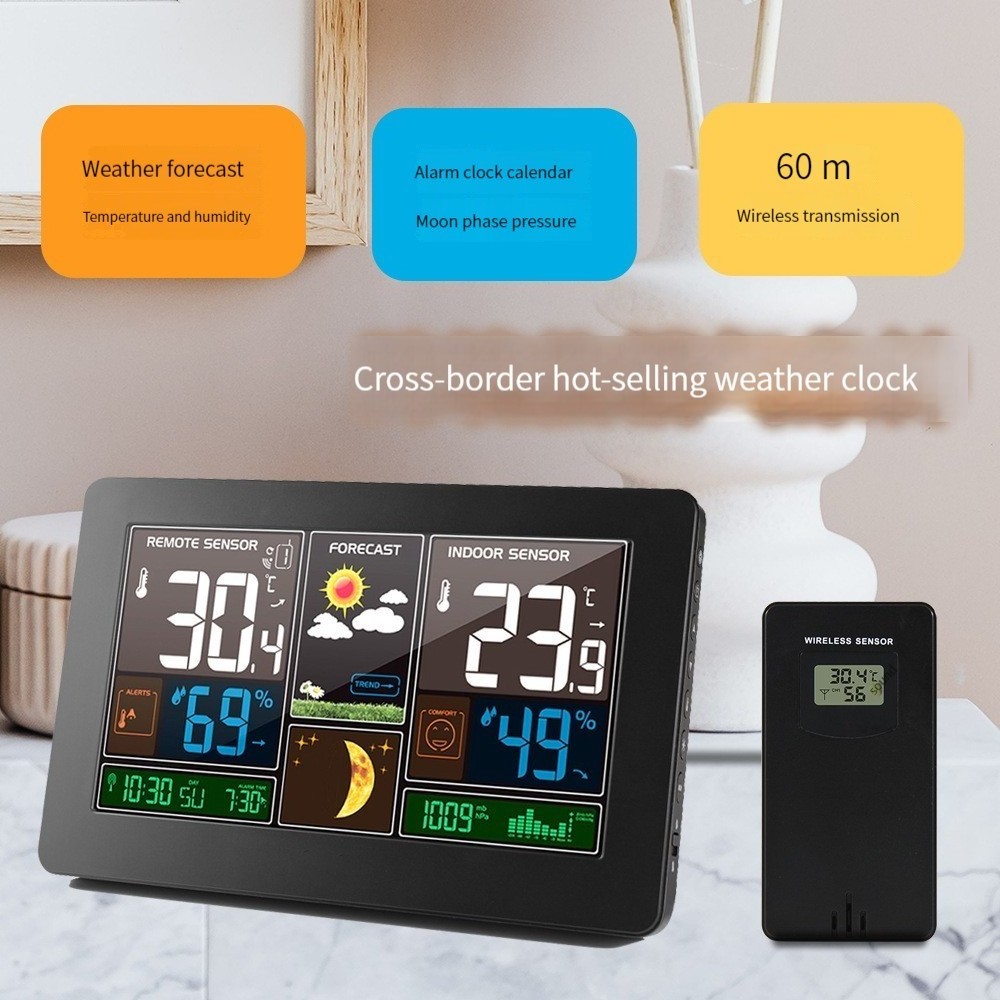 Wall Weather Station Digital Alarm Clock Temperature Humidity Meter Thermometer Barometer Snooze Moon Phase Table Desk Clocks