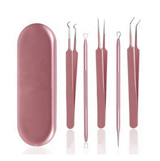 BE BEAUTY Surgical Stainless Steel Pink Color Acne Remover Kit Curved Blackhead Tweezers Kit Pimple Comedone Extractor Tools Kit