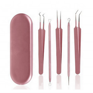 BE BEAUTY Surgical Stainless Steel Pink Color Acne Remover Kit Curved Blackhead Tweezers Kit Pimple Comedone Extractor Tools Kit