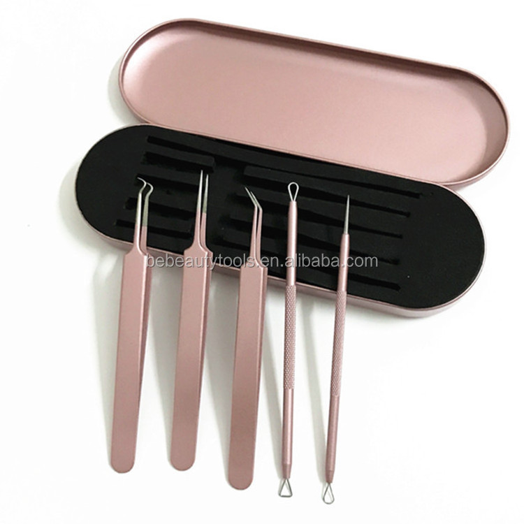 BE BEAUTY Surgical Stainless Steel Pink Color Acne Remover Kit Curved Blackhead Tweezers Kit Pimple Comedone Extractor Tools Kit