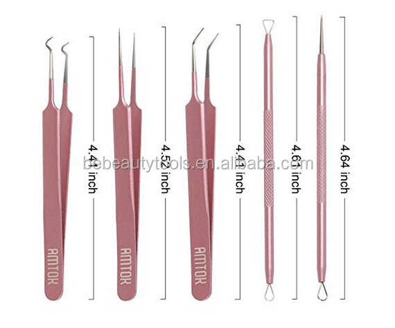 BE BEAUTY Surgical Stainless Steel Pink Color Acne Remover Kit Curved Blackhead Tweezers Kit Pimple Comedone Extractor Tools Kit