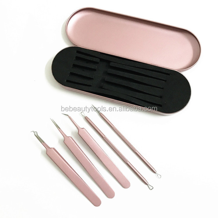 BE BEAUTY Surgical Stainless Steel Pink Color Acne Remover Kit Curved Blackhead Tweezers Kit Pimple Comedone Extractor Tools Kit