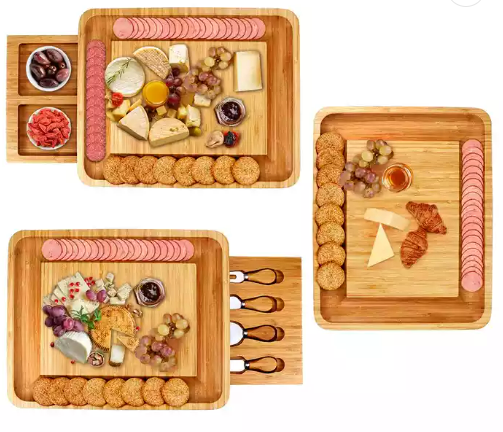 Bamboo Cheese Board with Cheese Tools, Cheese Plate Charcuterie Platter with Utensils Set and 4 Stainless Steel Cutting Knives