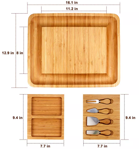 Bamboo Cheese Board with Cheese Tools, Cheese Plate Charcuterie Platter with Utensils Set and 4 Stainless Steel Cutting Knives