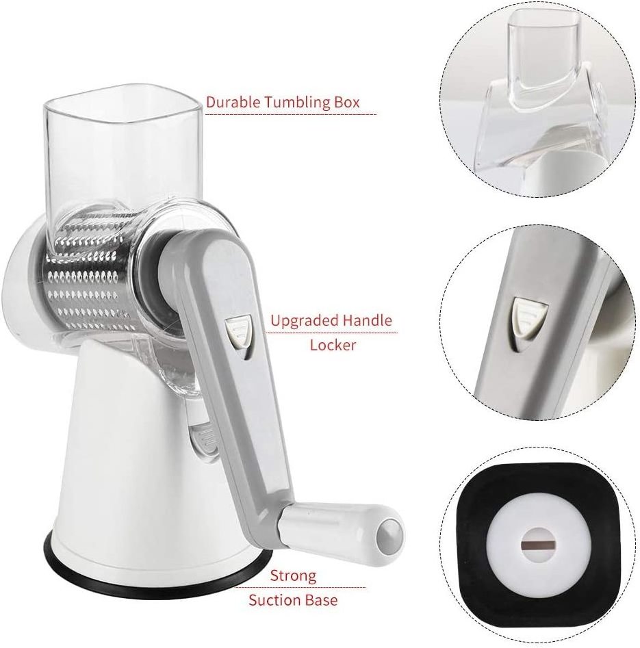 New Rotary Cheese Grater Shredder 3 Blade Drum Vegetable Slicer Potato Wavy Cutter Manual Stainless Steel With Cleaning Brush