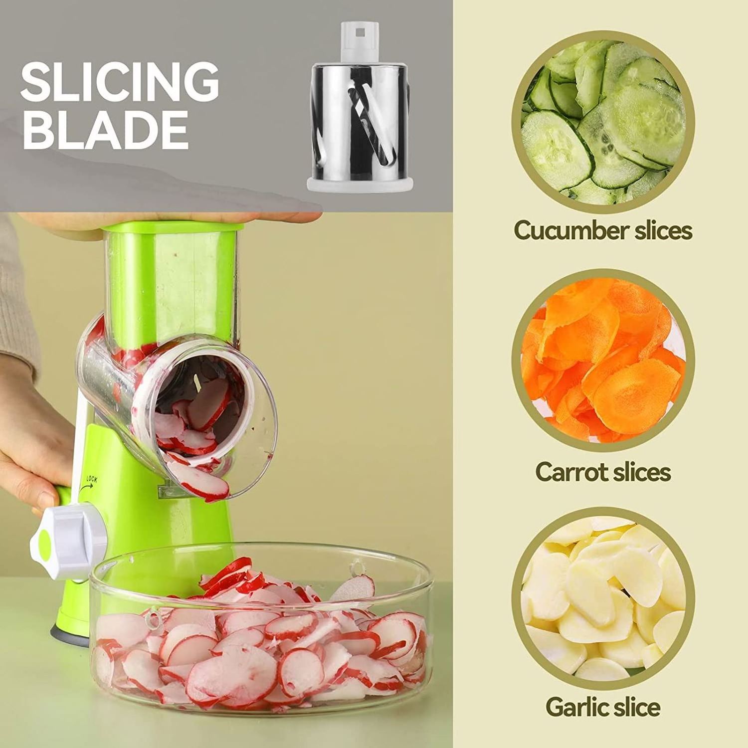 Kitchen Grater Vegetable Slicer with 3 Drum Blades Rotary Cheese Grater with Handle Round Mandoline Slicer Nuts Grinder