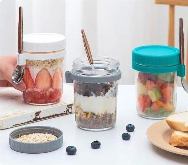 Food Storage Portable 350ml Measurement Marks Glass Mason Jar Overnight Oats Container With Lid And Spoon