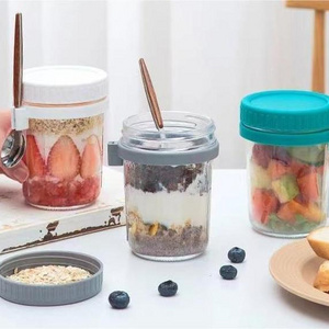 Food Storage Portable 350ml Measurement Marks Glass Mason Jar Overnight Oats Container With Lid And Spoon