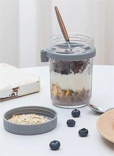 Food Storage Portable 350ml Measurement Marks Glass Mason Jar Overnight Oats Container With Lid And Spoon