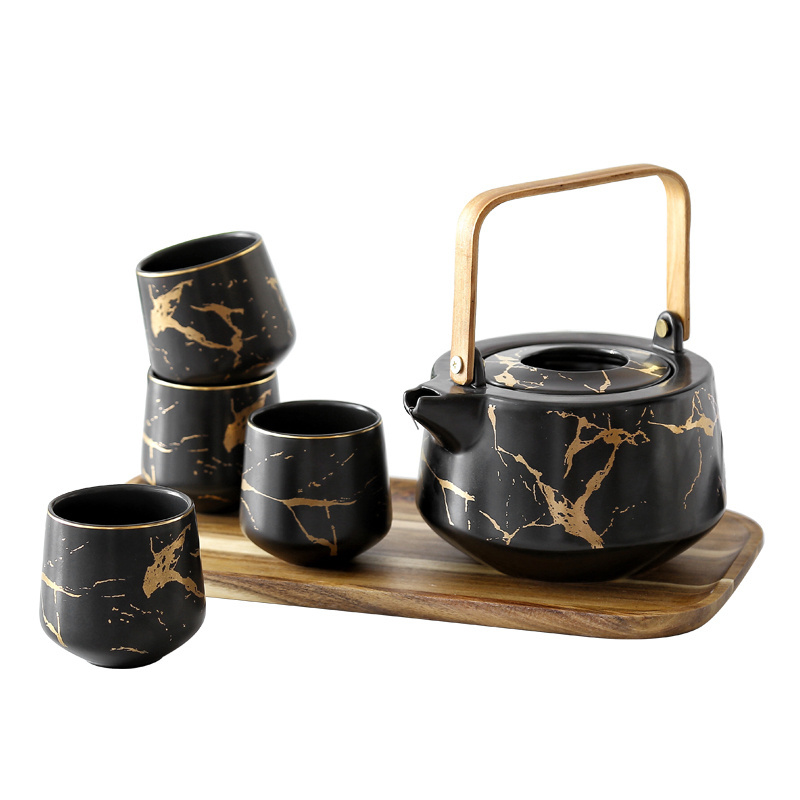 Marble Turkish Ceramic Tea Service Set Large Modern Tea Pot (40 OZ)  with Wooden Tray 6.7 OZ Tea Cups Set