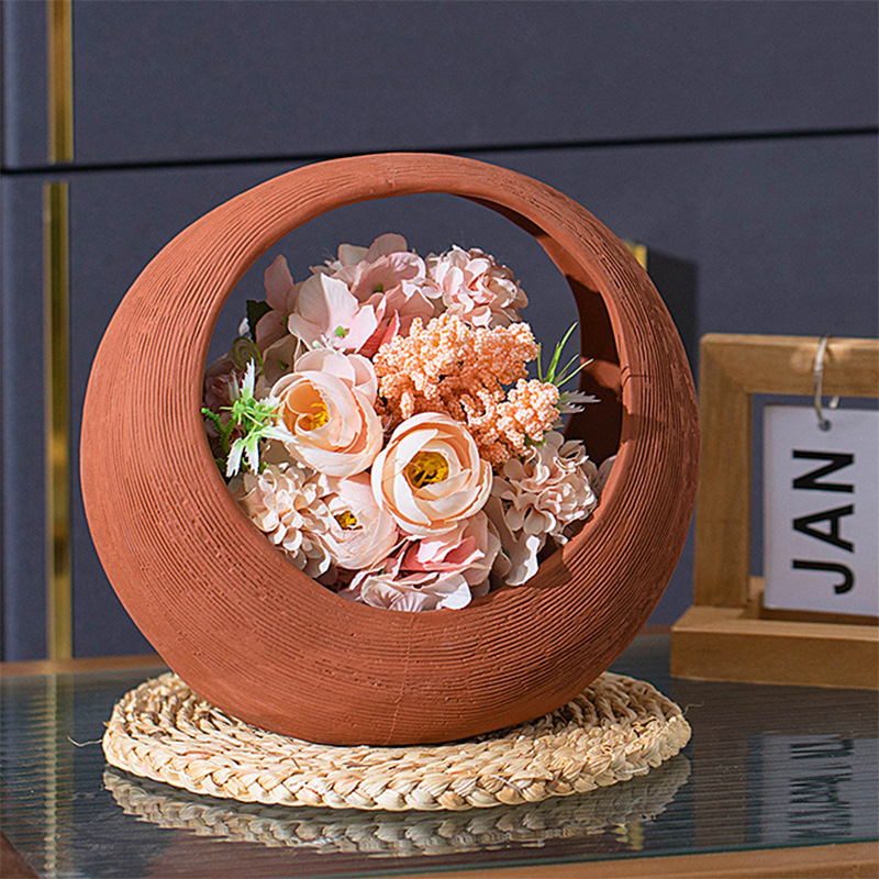 European Creative Small Ceramic Vase Red Clay Hydroponic Dried Flower Basket Modern Home Decoration Ornaments Living Room Crafts