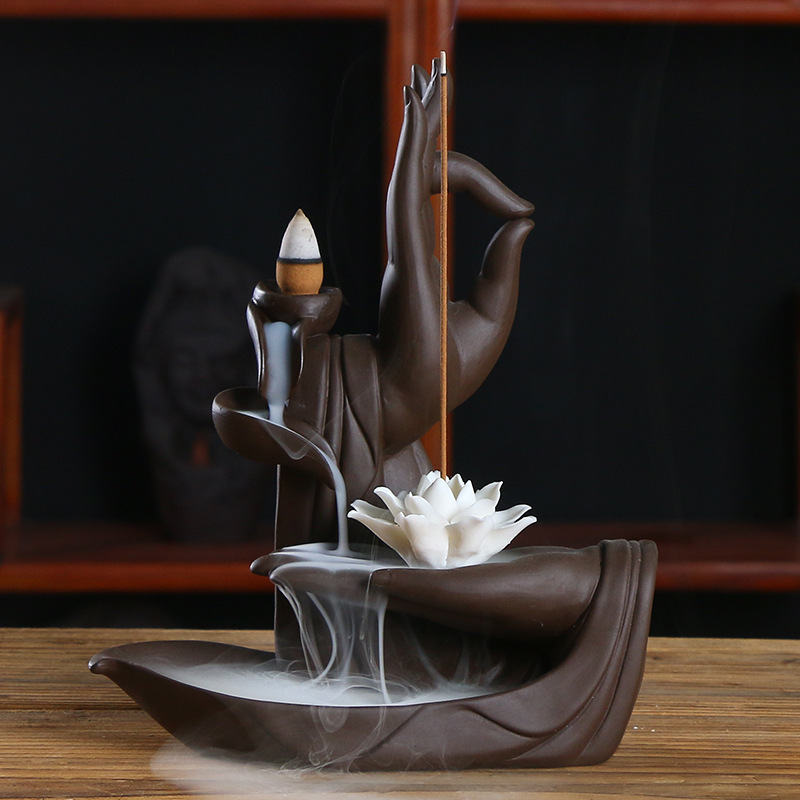 Home Lotus Incense Stick Burner Backflow Incense Buddha Hand Ceramic Incense Stick Holder