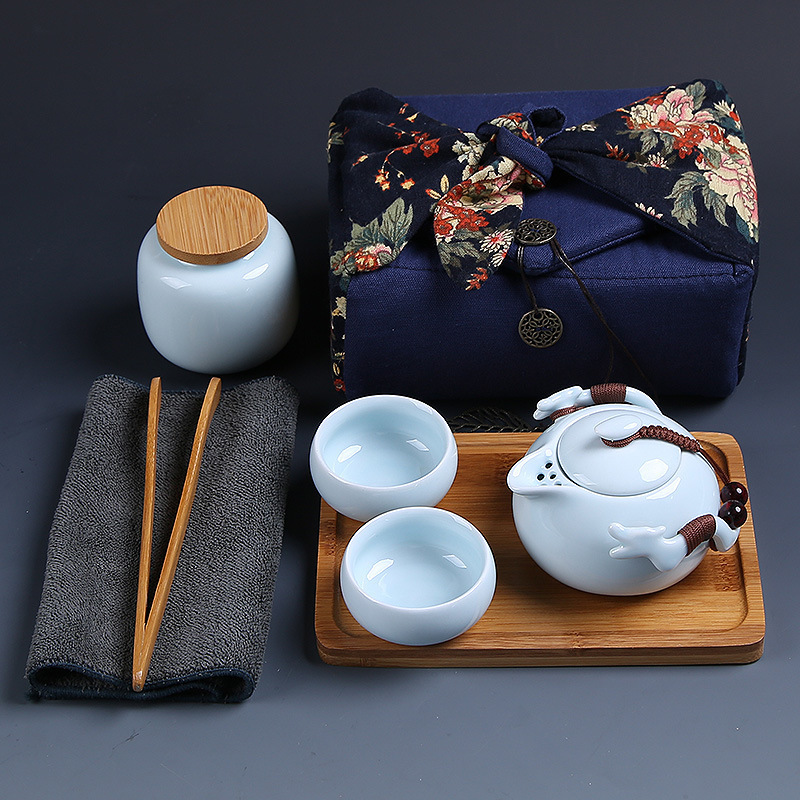 Chinese Portable Travel Tea set Ceramic Kung Fu Tea Pot Including 1 Teapot 2 Teacups 1bag 1 Tray 1 Tea Canister