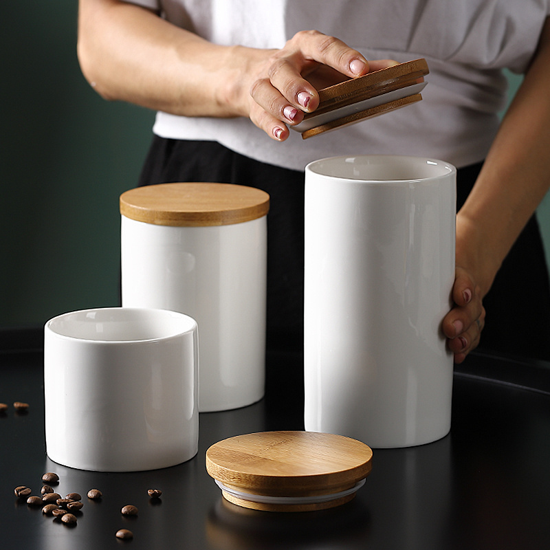 Ceramic Food Storage Jar Kitchen Container,Serving Tea, Coffee,  Ceramic Spice Jar with Wooden Lids(L size)