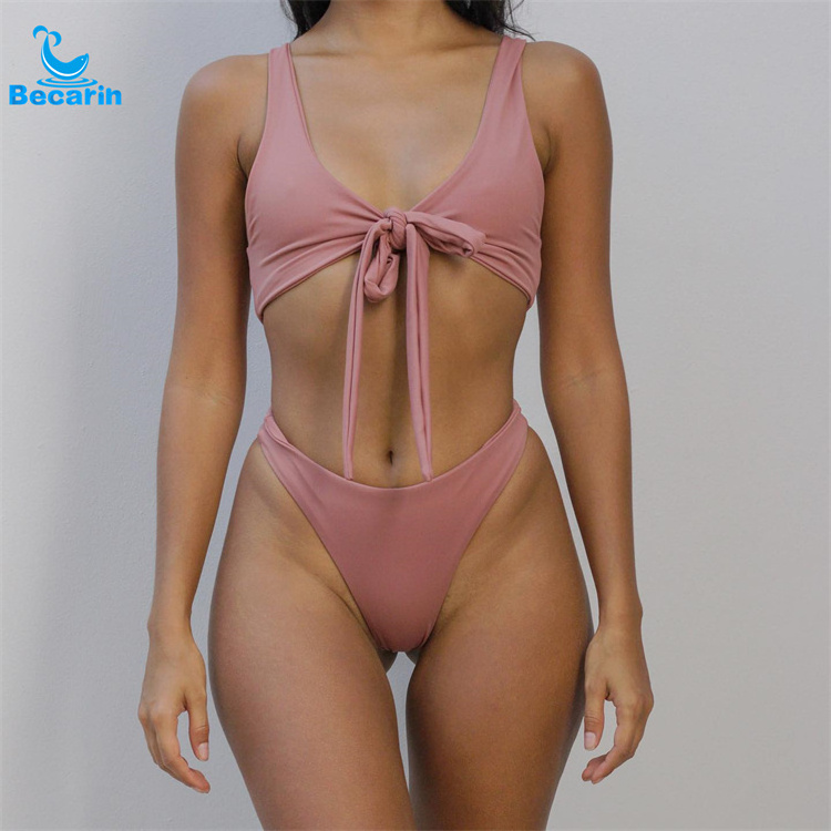 OEM Factory Trendy Mini Micro Bikini Swimwear High Leg Thong Ruffle Swimsuit Sexy Front String Underwear 2024