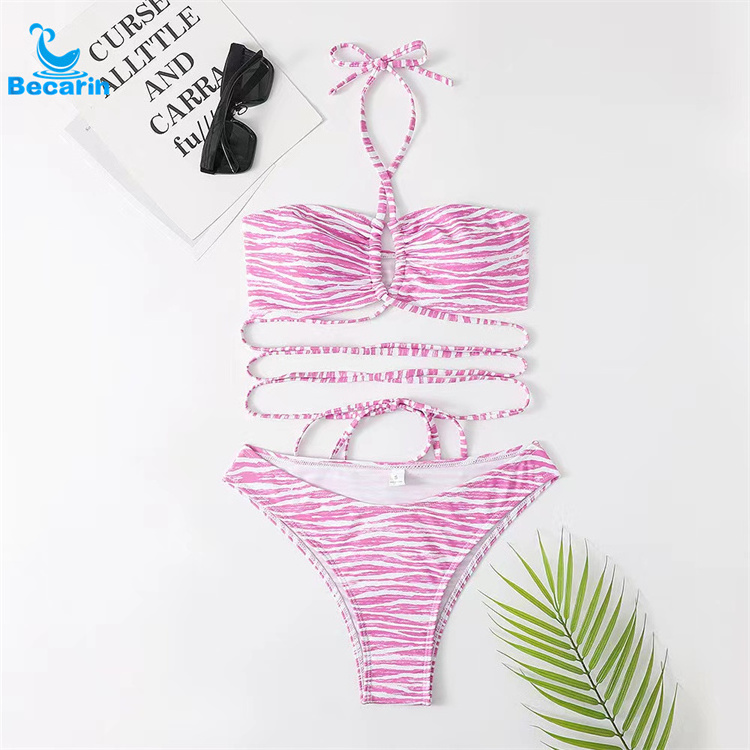 Oem Halter Bikini Backless Top High Leg Thong Strapless Swimwear Micro Bikini Sets New Textured Swimwear Beachwear