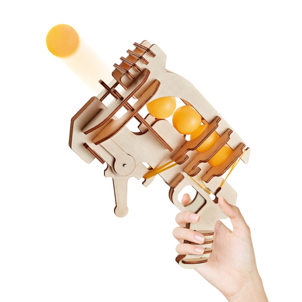 2022NEW funny outdoor wooden 3D assembly Model pingpong ball gun rubber band gun toy for boy