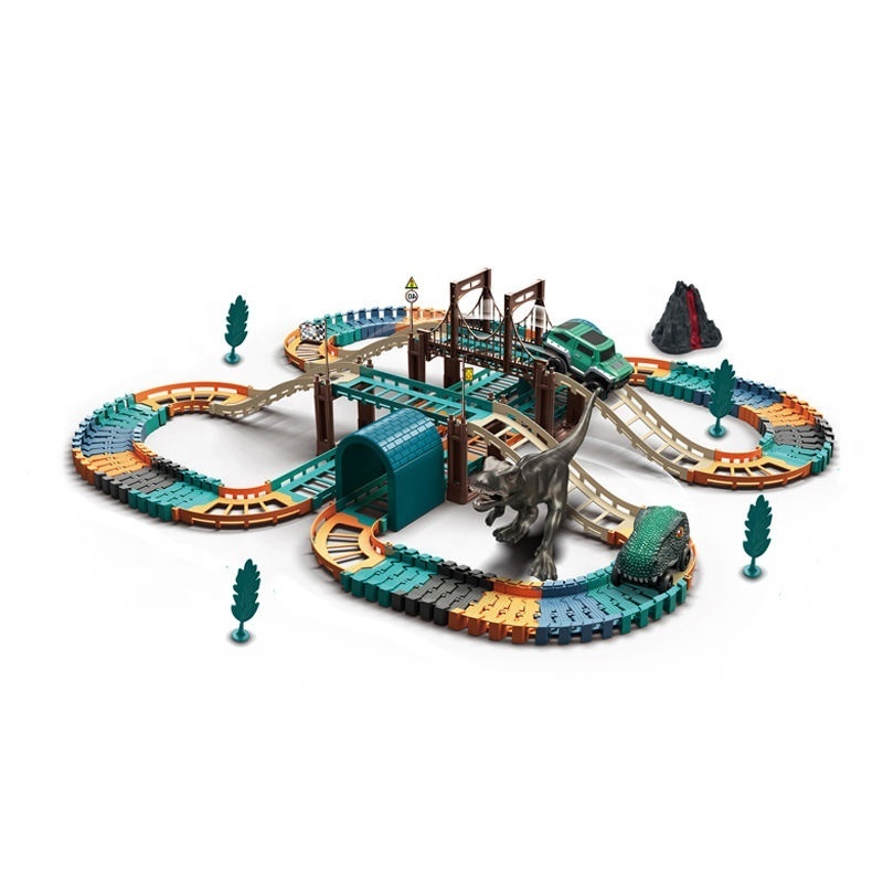 NEW High quality battery operation race electric slot car track with dinosaur train toy for kids