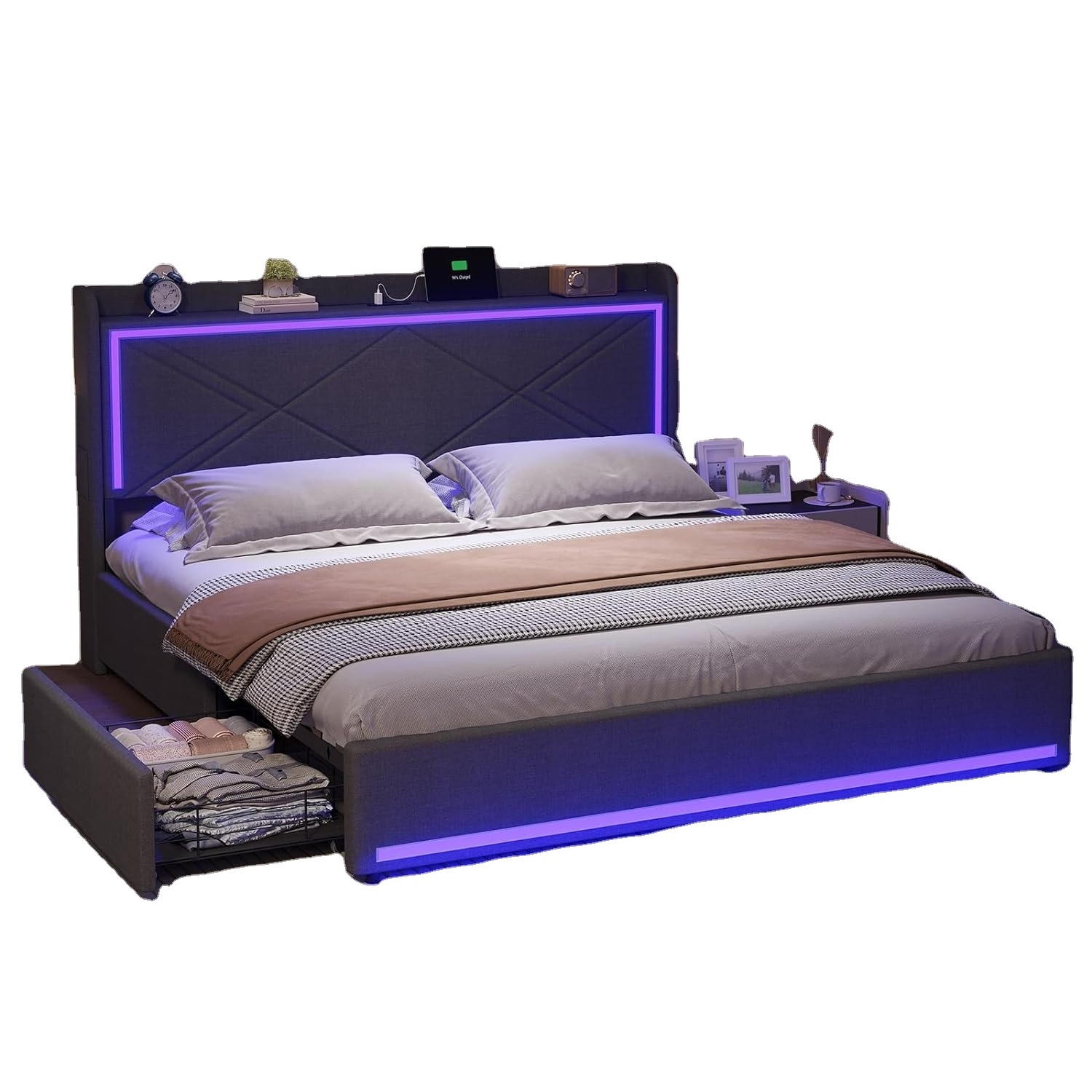 Modern luxury frbric king size bed velvet beds with led light and storage