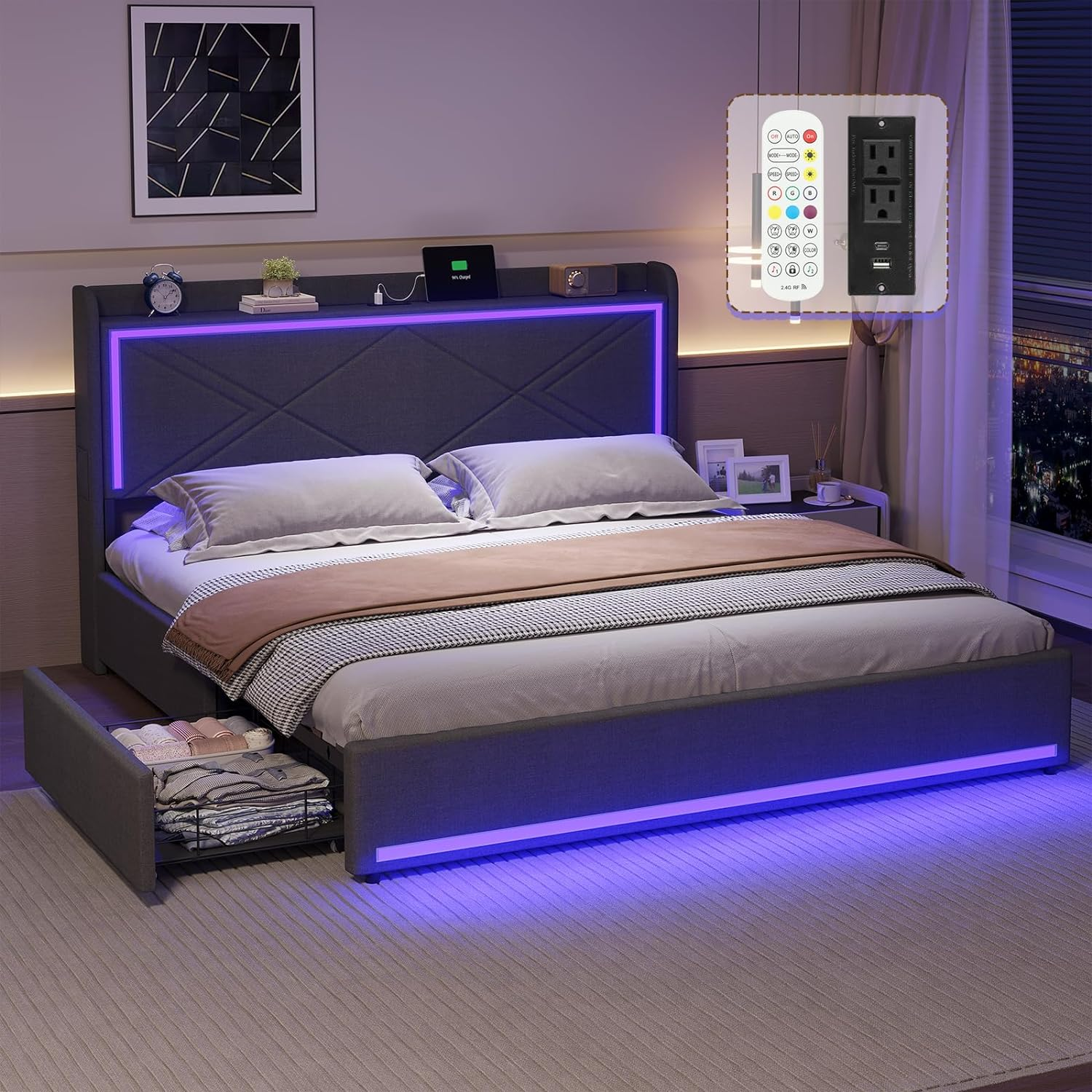 Modern luxury frbric king size bed velvet beds with led light and storage