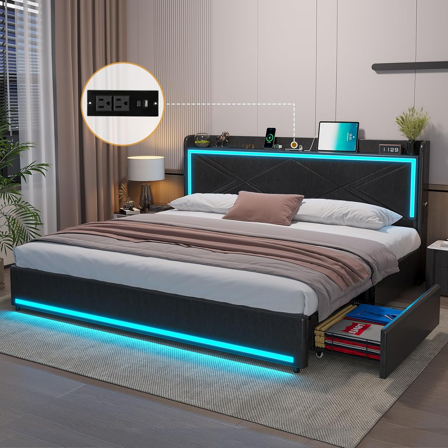 Modern luxury frbric king size bed velvet beds with led light and storage