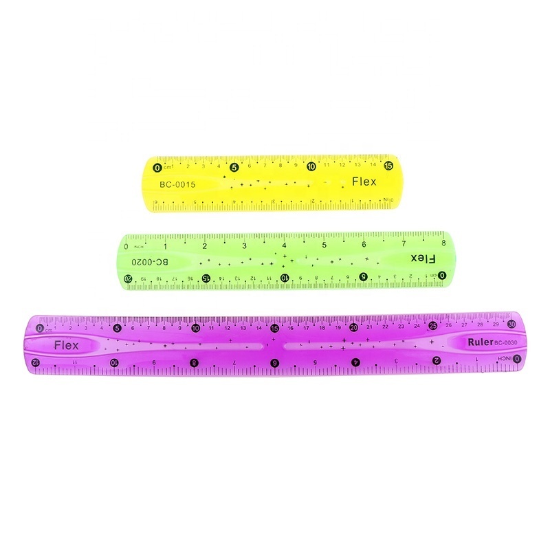 BECOL New Arrival Colored Plastic Soft Straight Ruler Customized 15cm 20cm 30cm Clear PVC Flexible Rulers for Office and School