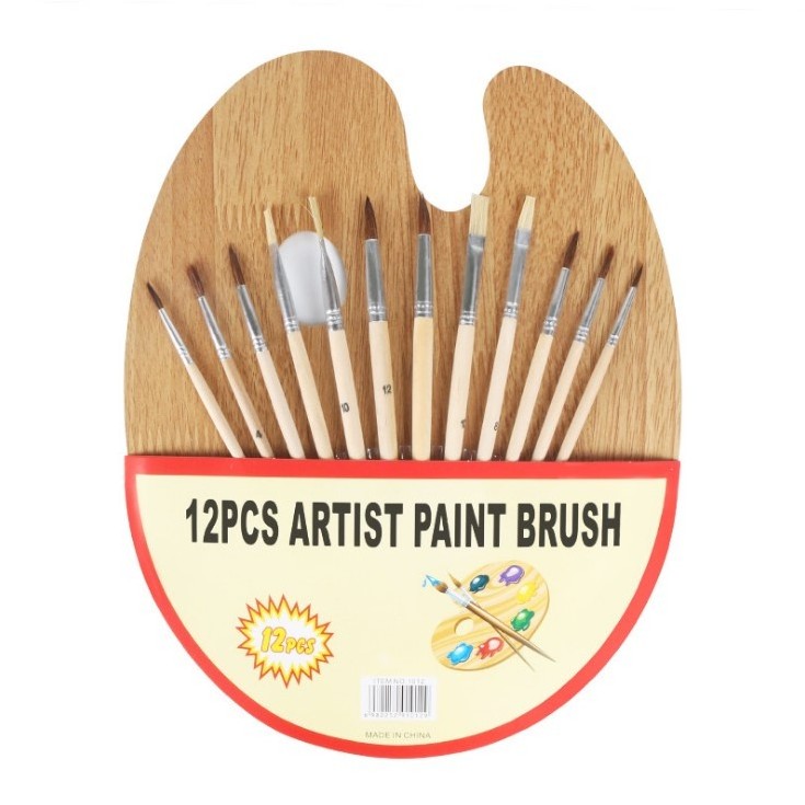 12pcs painting brushes set artist,include bristle artist brush and wooden paint palette for painting