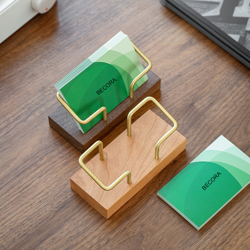 Solid Wood Brass Business Card Holder for Desk Card Display Stand Office Tabletop Business Card Organizer Holder