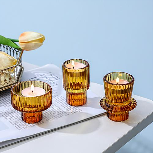 Christmas Votive Candle Holders, Taper Candle Stand Amber Color Glass Tealight Candlestick Holders for Party Home Decorations