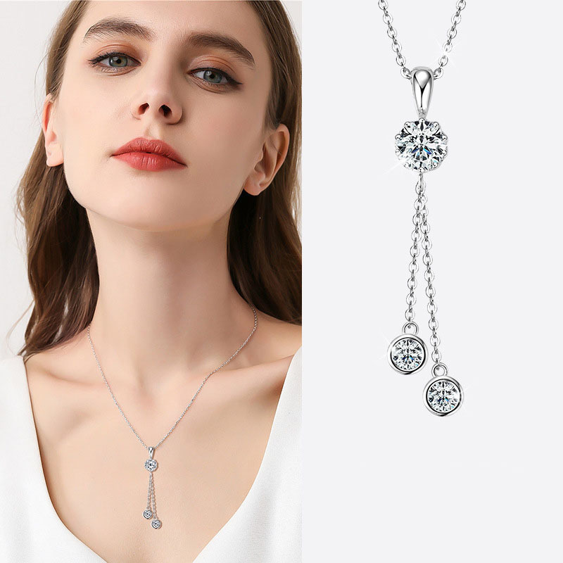 Charm Jewelry Round 6.5mm&4mm D/VVS1 Moissanite Necklace With GRA Silver 925 Original Crown Tassel Drop Pendant