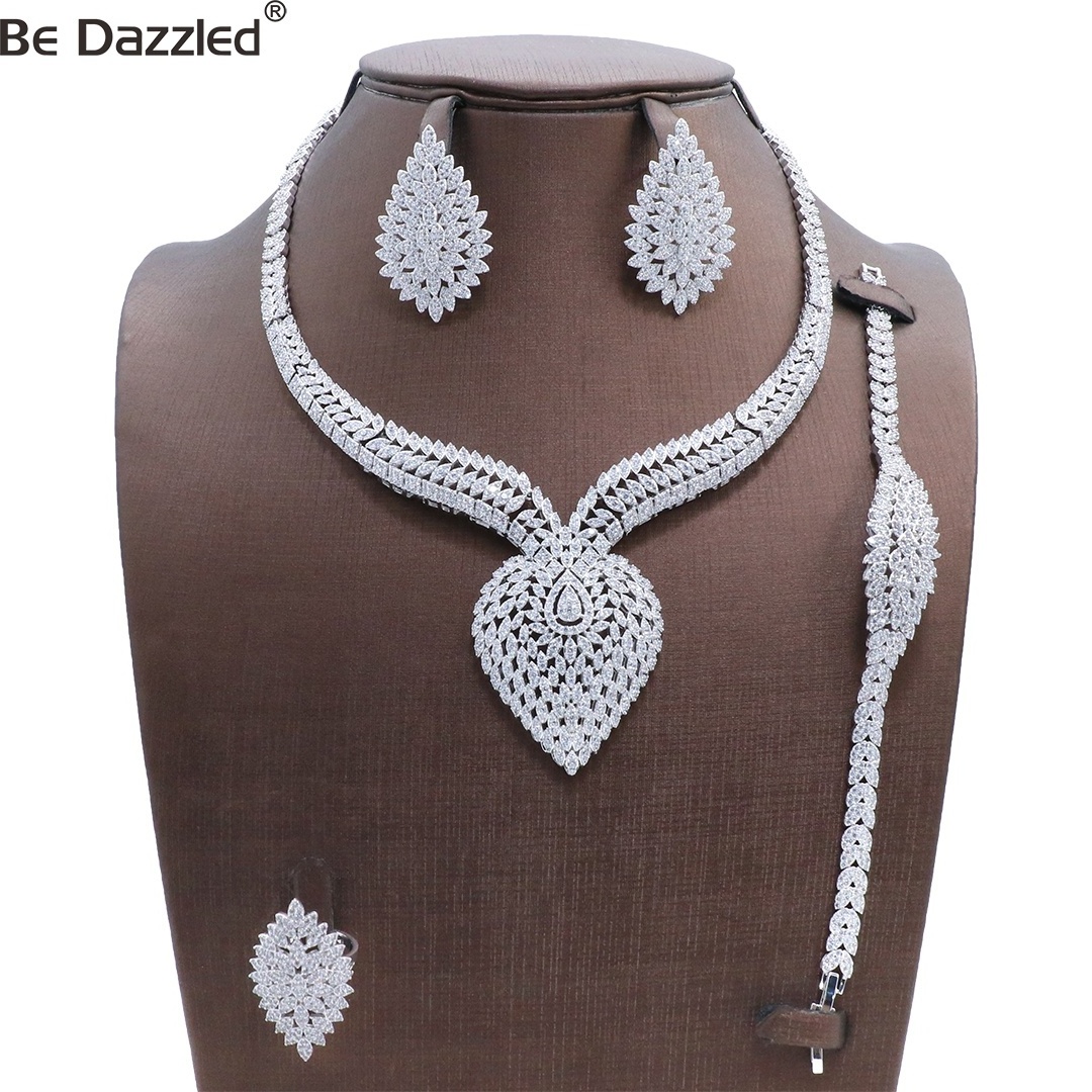 Bedazzled African Jewelry Sets Woman Luxury Wedding Party Big Zirconia Occasion Silver Plated Jewelry Sets for Woman