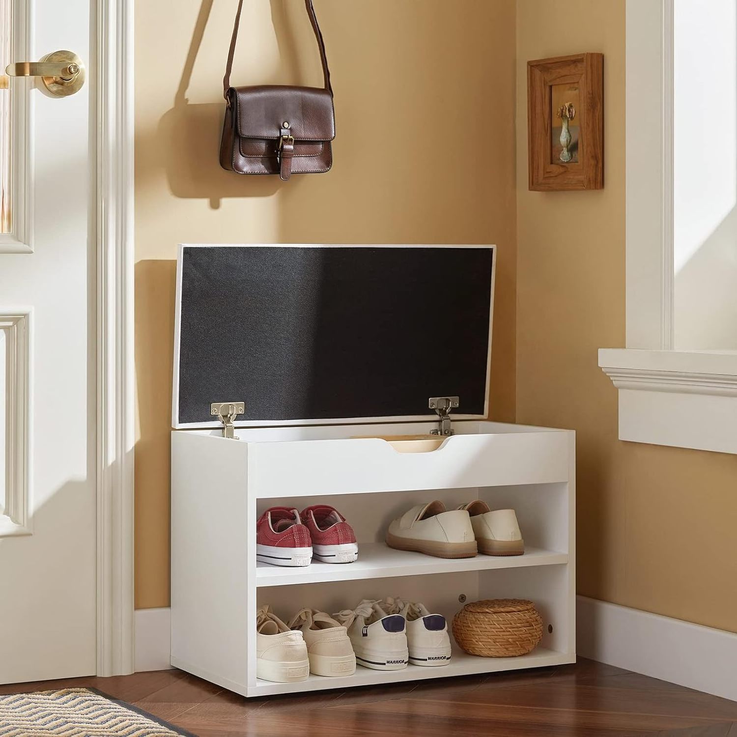 2 Tiers Shoe Rack Shoe Cabinet Shoe Storage Bench with Folding Padded Seat Polyurethane White