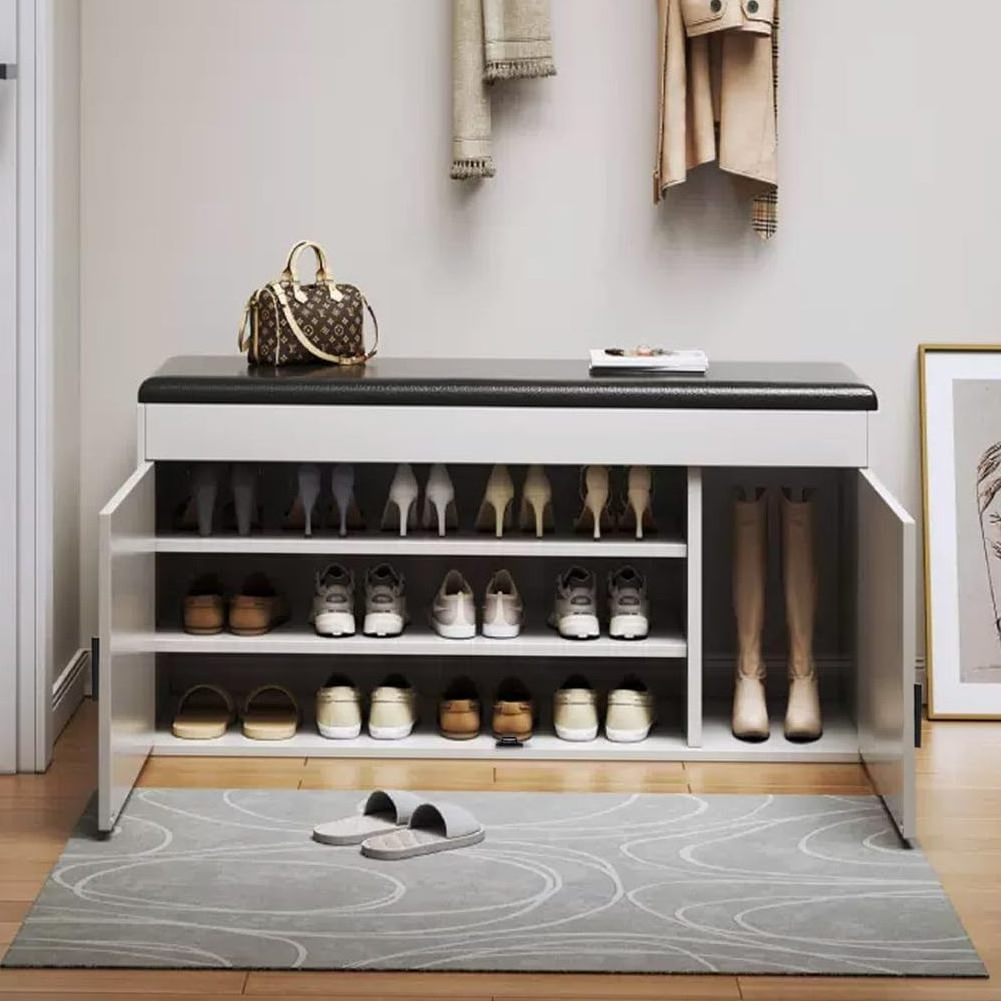 Shoe Bench Storage with Seat Wooden Shoe Storage Cabinet with Doors for Entryway Hallways White