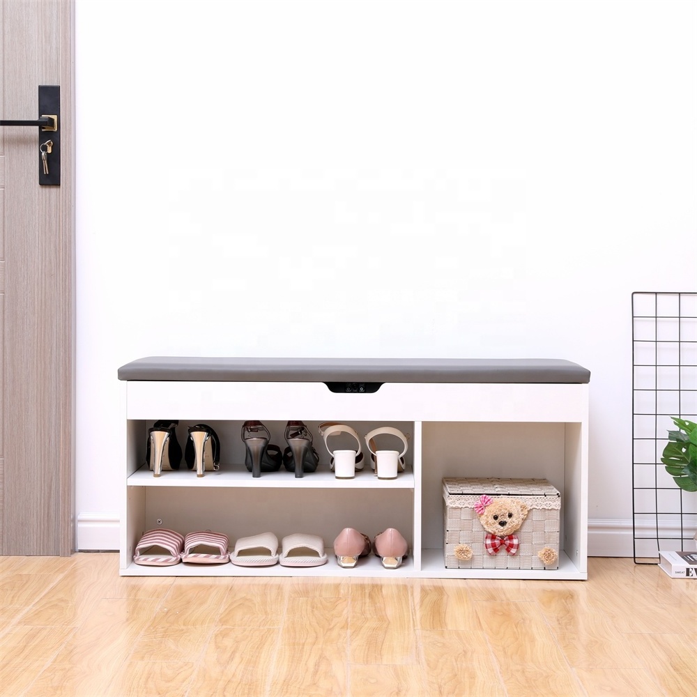 Wooden Shoes Cabinet Bench Hidden Storage Padded Seat Organiser Footwear Rack Hallway gray and white