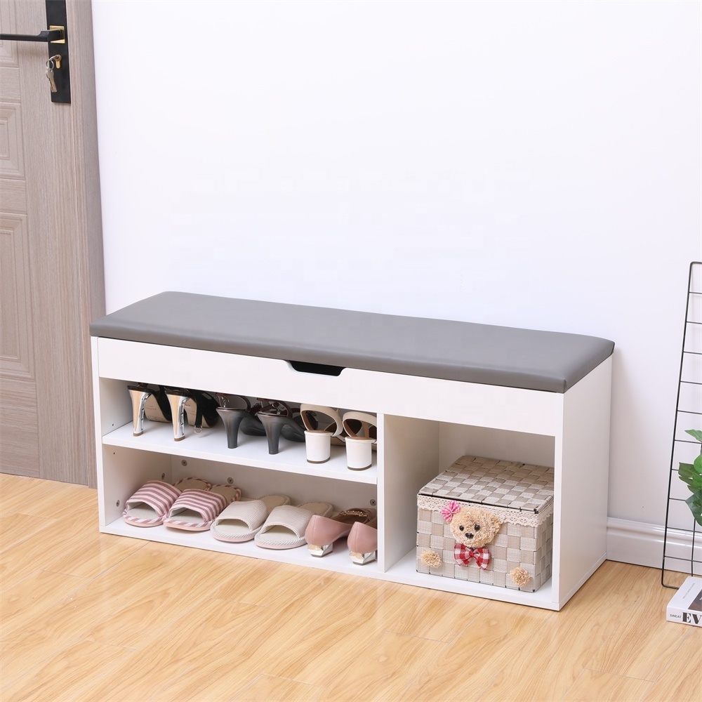 Wooden Shoes Cabinet Bench Hidden Storage Padded Seat Organiser Footwear Rack Hallway gray and white