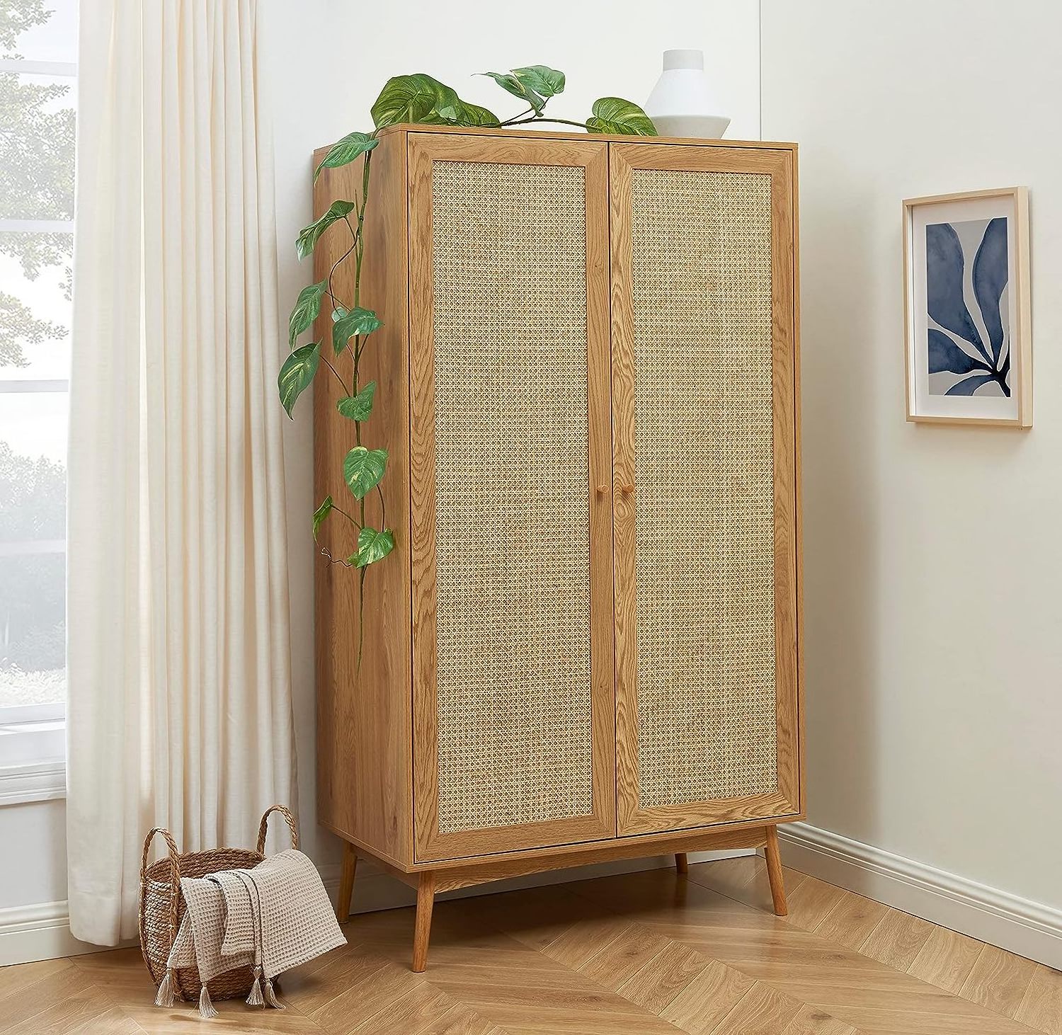 Modern Clothes Furniture Storage Cabinet Wood Rattan Convertible Dresser  Wardrobe