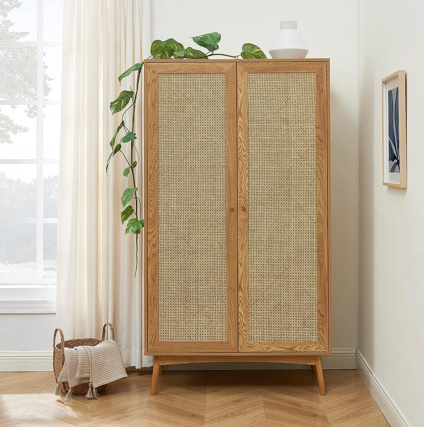 Modern Clothes Furniture Storage Cabinet Wood Rattan Convertible Dresser  Wardrobe